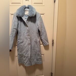 Lorenzo collection Italian baby blue wool cashmere coat with fur collar.  Sz 36